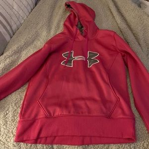 Woman’s S Under Armour Pink Hoodie with Greyish Camo logo and inside hood